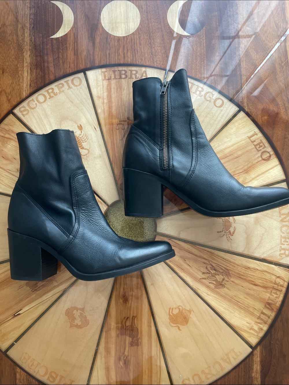 Black Leather Heeled Ankle Boot Western Pointed Toe Mid Calf Dress Bootie
